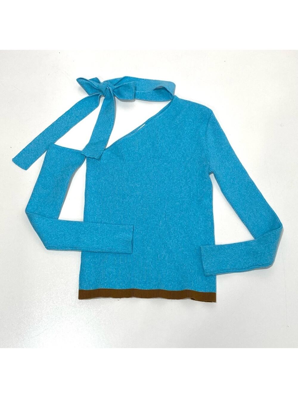 Andersson Bell Conny Scarf Neck Tight Knit Top One Shoulder Blue L